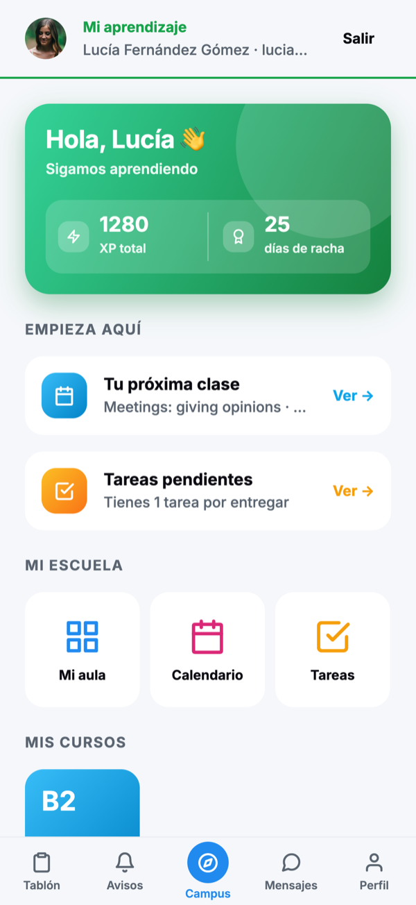 Pantalla de alumno con gamificación