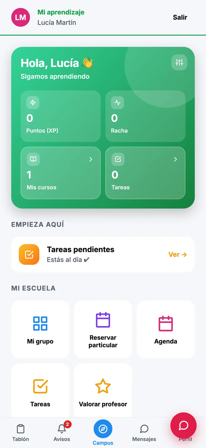 Inicio del alumno con sus puntos, cursos y tareas