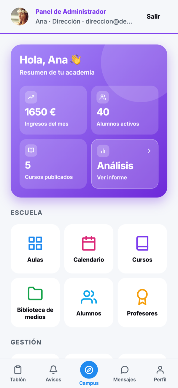 Panel de administrador de MyAcade